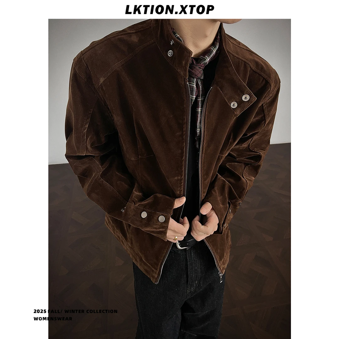 LK正品美式cleanfit摩登街头复古绒皮工艺立领中性哈灵顿夹克外套
