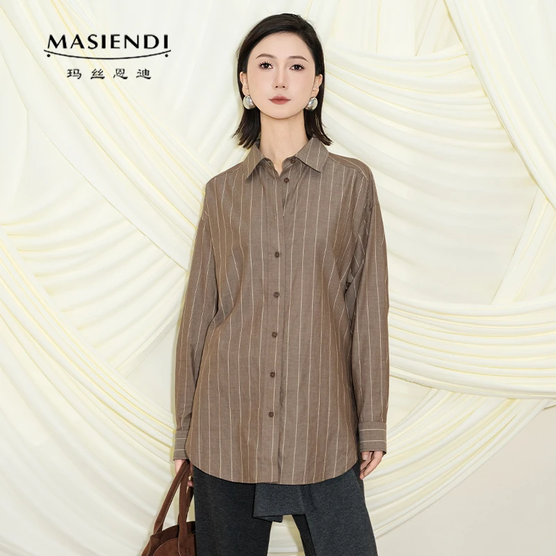 玛丝恩迪秋季套装新款条纹极简风翻领撞色衬衫气质长袖衬衣330206