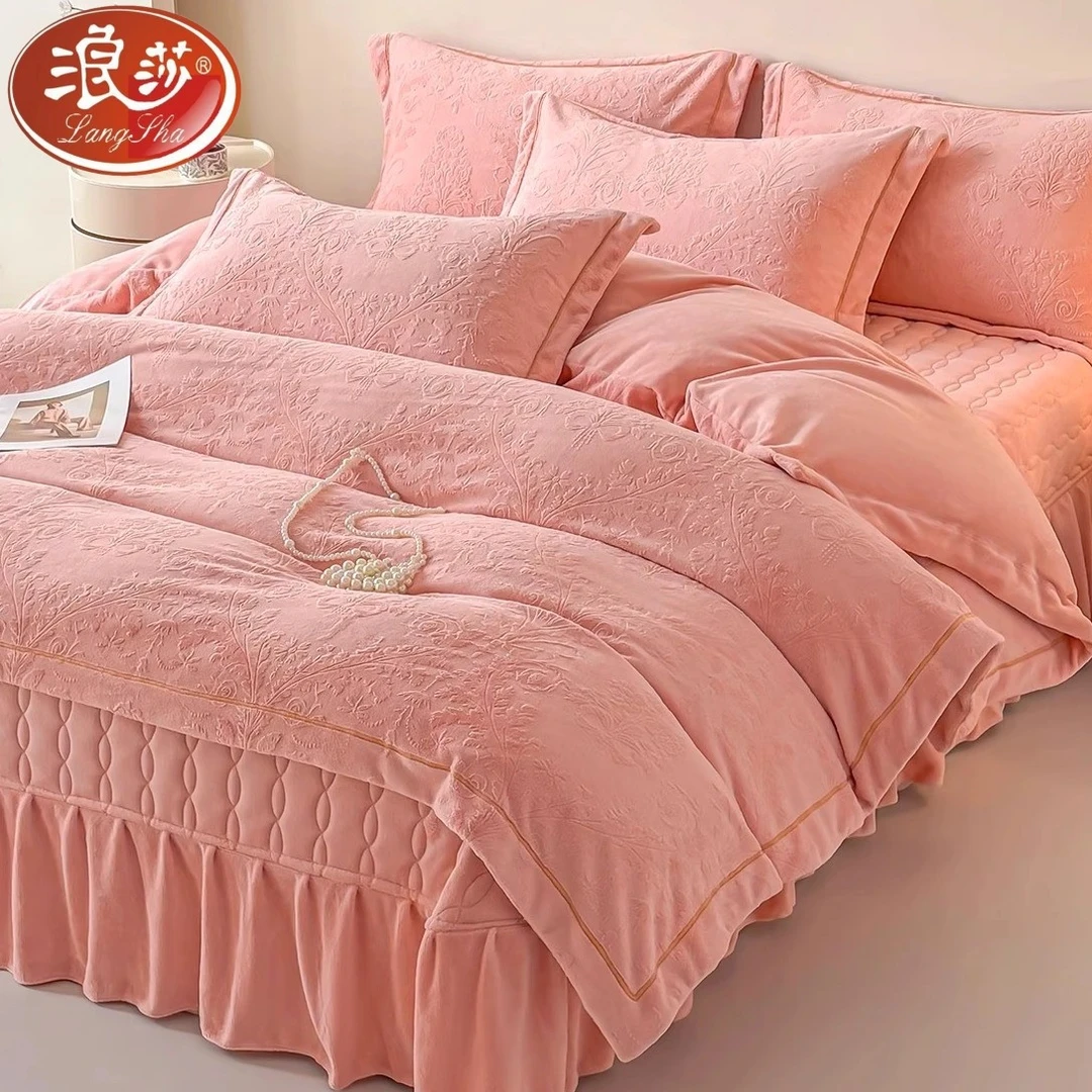 浪莎牛奶绒夹棉床盖床上四件套公主风双面珊瑚法兰绒宽边被套床单
