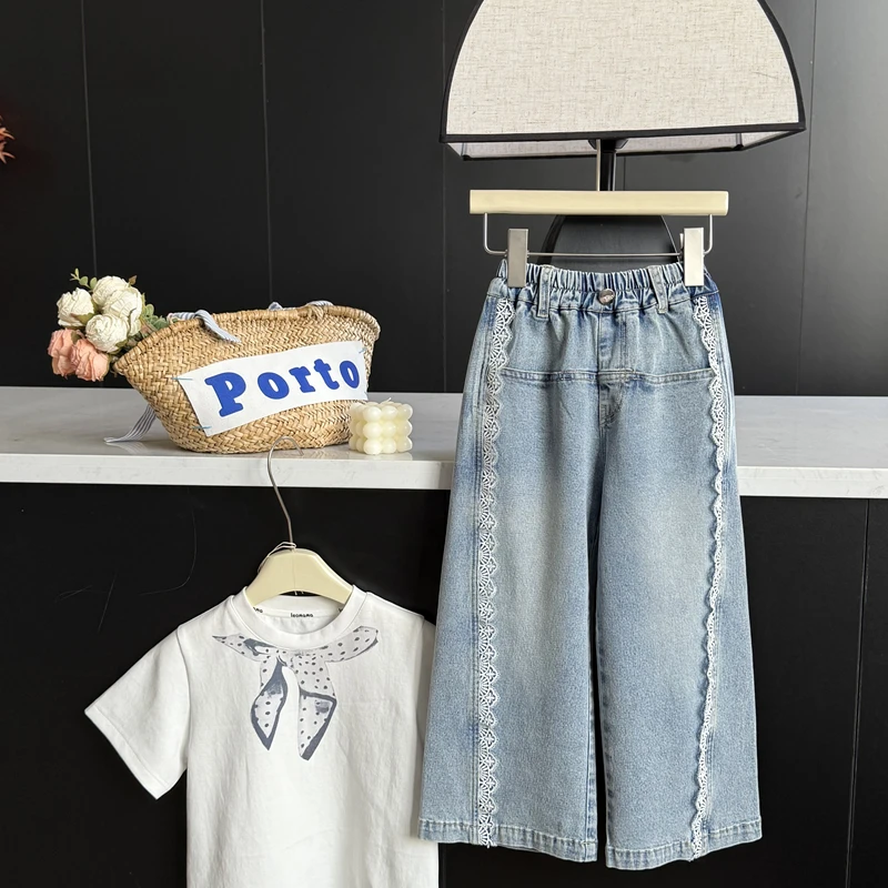 【现货】leomama女童蕾丝牛仔裤夏季儿童百搭阔腿裤甜美休闲裤子