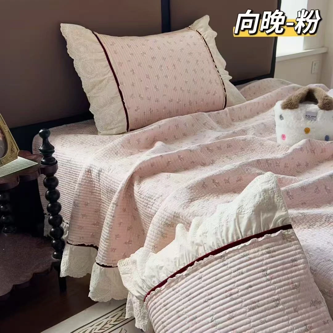 A类纯棉床盖法式花边夹棉床盖四件套砂洗全棉防滑加厚床单三件套
