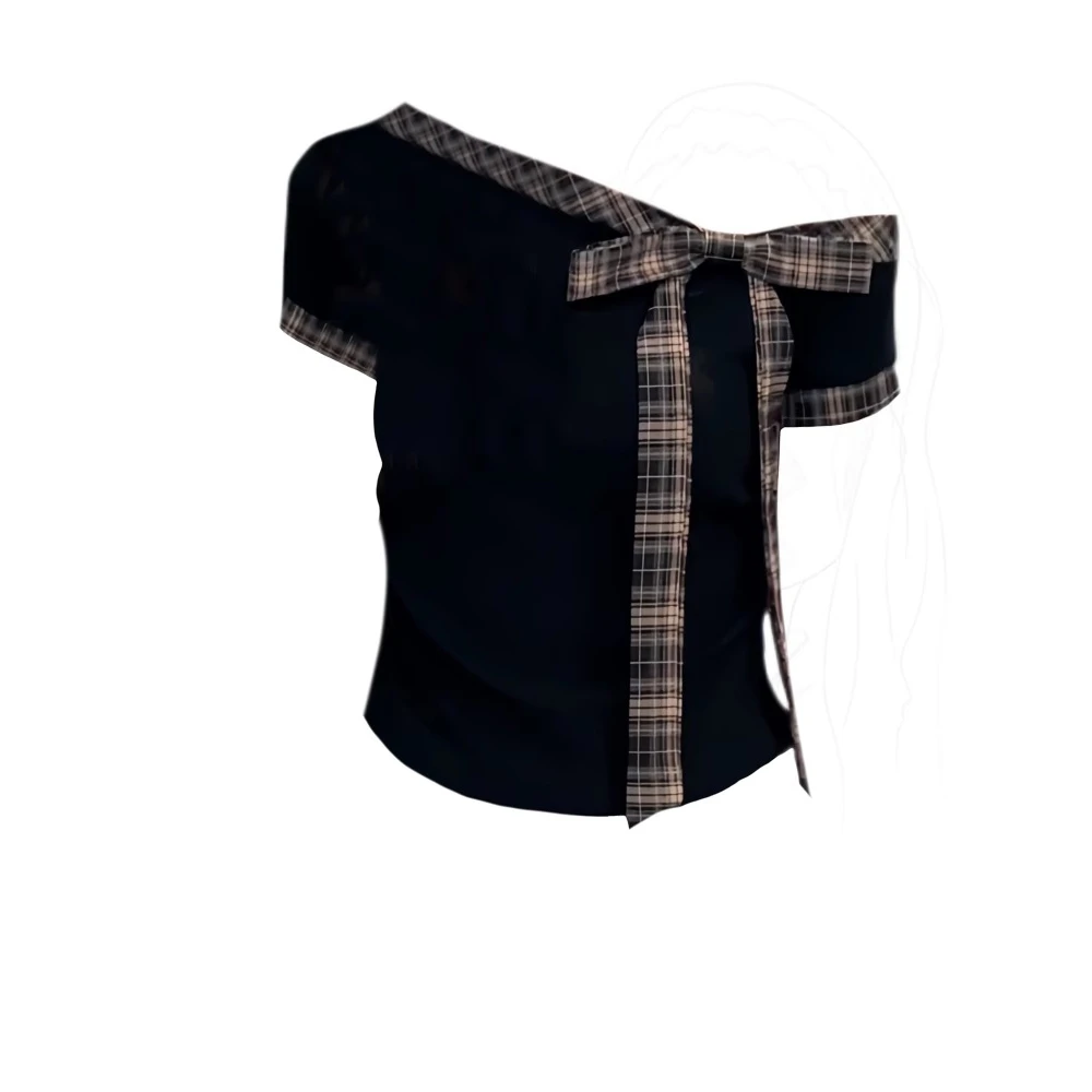 Notdefine韩系格纹蝴蝶结斜肩短袖T恤女夏季纯欲修身显瘦别致上衣