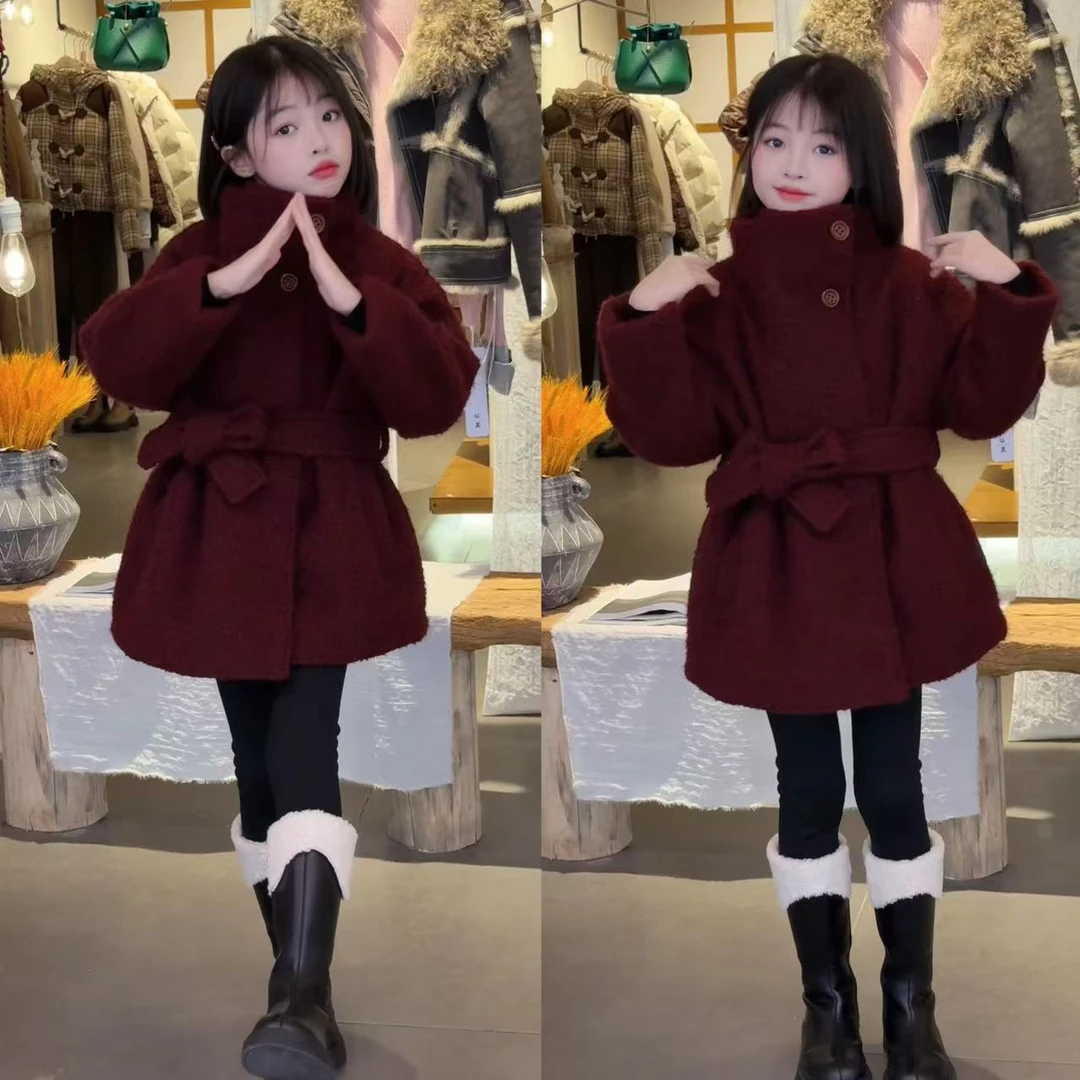 女童毛呢外套新款儿童洋气大衣中长款女孩加厚呢子大衣冬装潮
