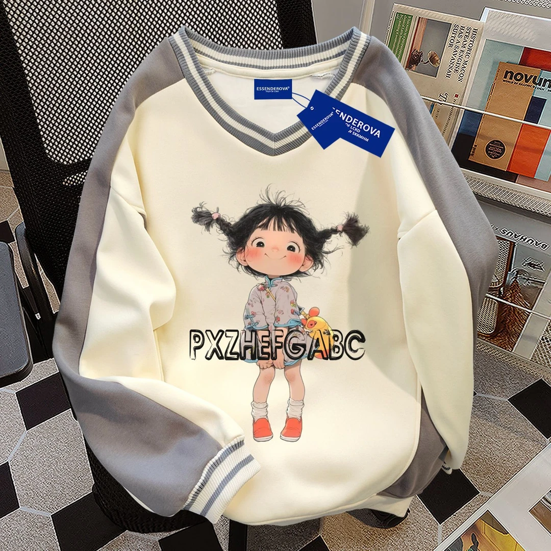 新款拼接V领卫衣女秋冬季休闲简约复古宽松流行显瘦加绒加厚上衣