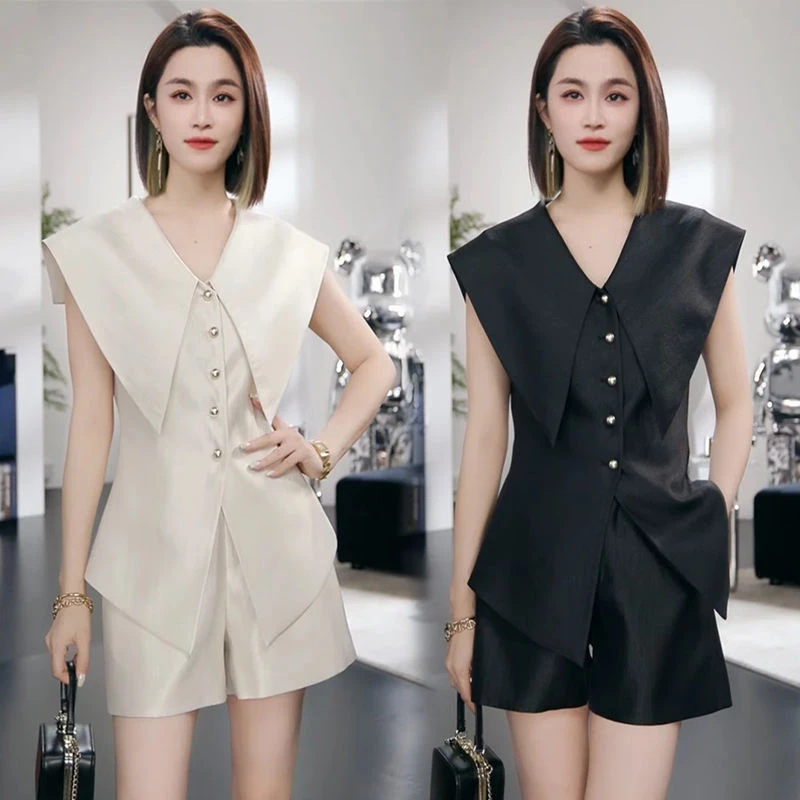 法式高级感休闲套装女修身显瘦大翻领无袖上衣高腰短裤气质两件套