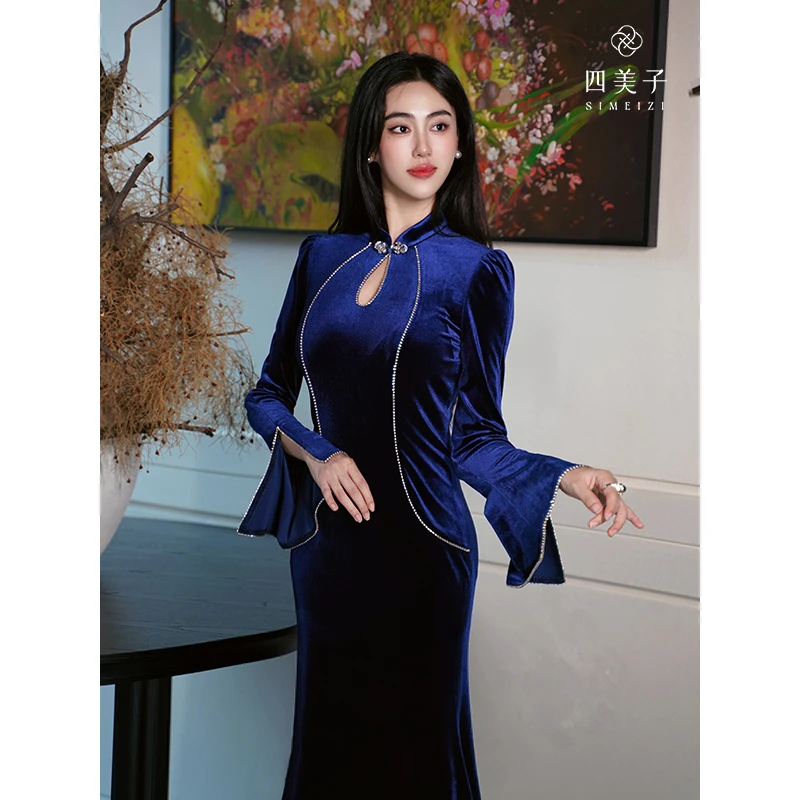 四美子【蓝梦】冬新款新中式气质性感显瘦丝绒礼服改良旗袍连衣裙
