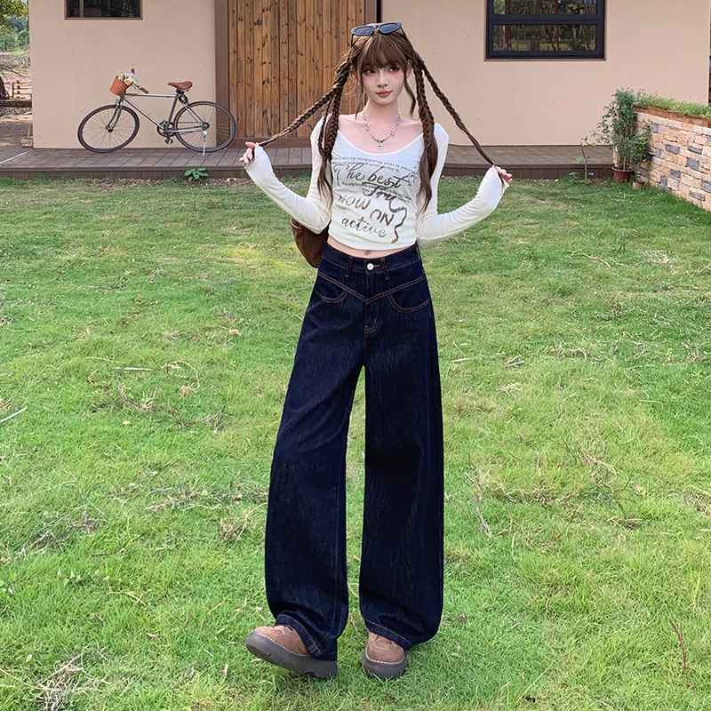 美式丹宁色阔腿牛仔裤女2025秋季新款高腰宽松显瘦垂感直筒拖地裤