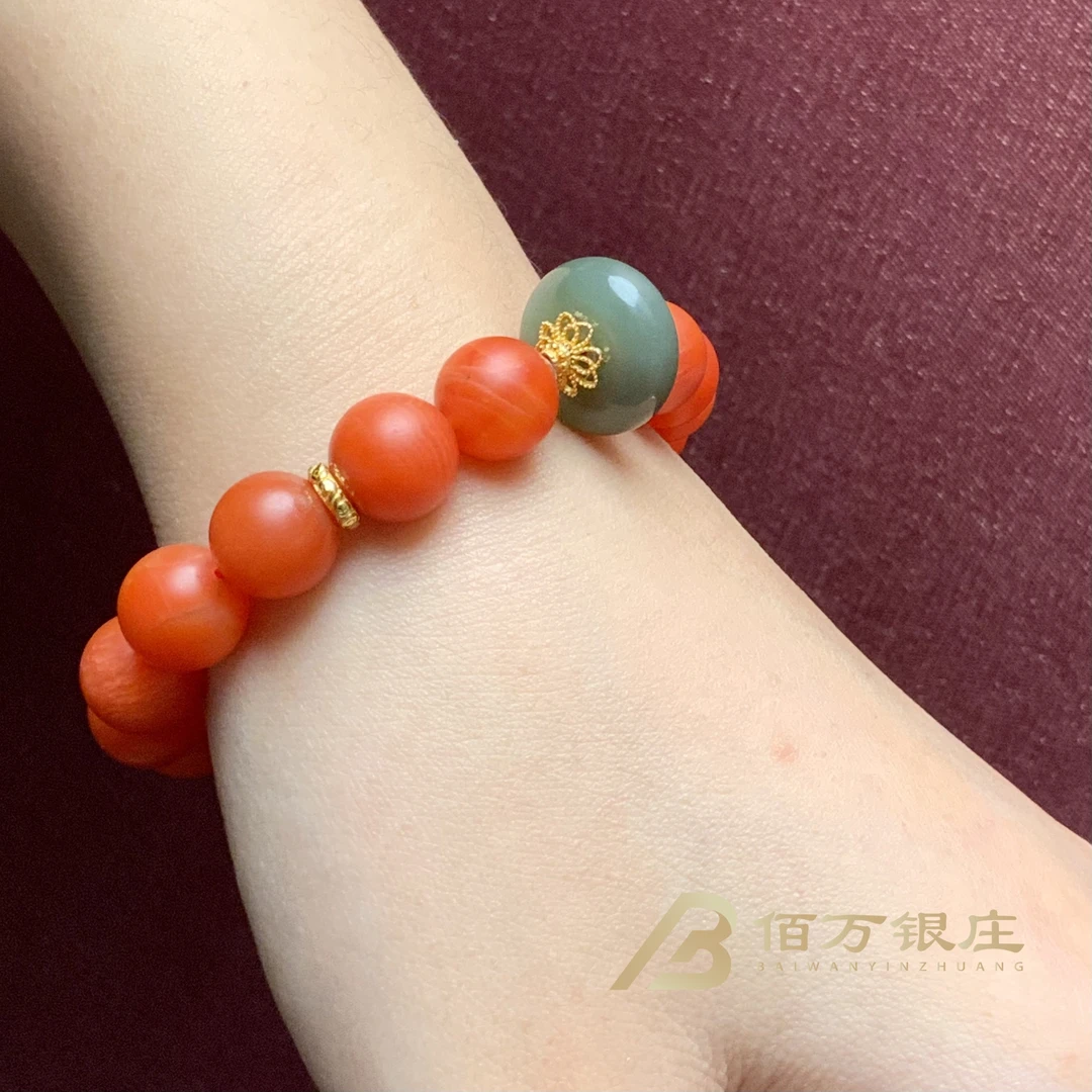 【佰万银庄】天然南红玛瑙满色圆珠搭配天然和田玉手串精美大气