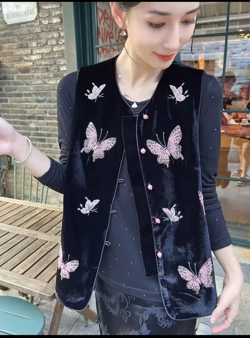深圳南油女装新中式蝴蝶刺绣真丝丝绒马甲女---A92
