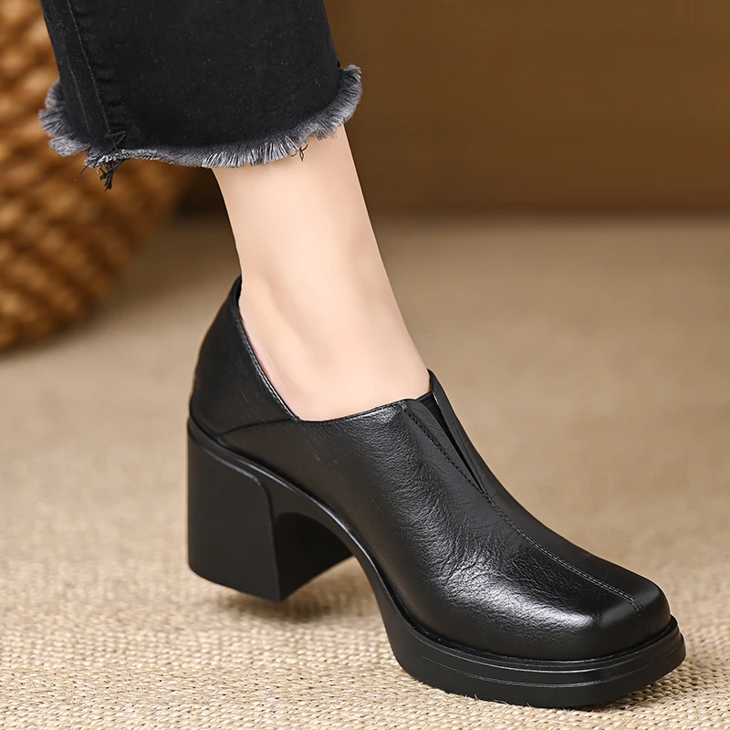 玥小姐女鞋7.5cm粗跟深口单鞋软牛皮通勤方头防水台高跟鞋不累脚