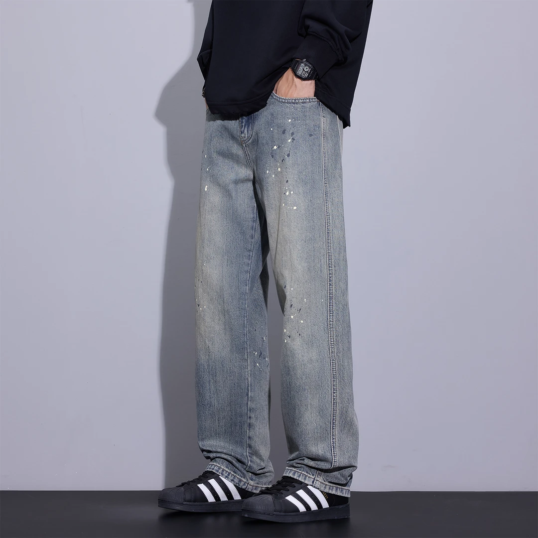 Kuvine潮牌美式水洗牛仔裤男新款秋季复古高街泼墨宽松直筒长裤子