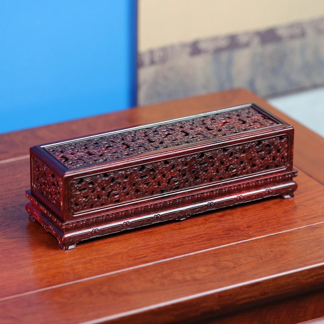 印度小叶紫檀卧香盒满雕祥云线香镂空香炉全独板清式故宫同款