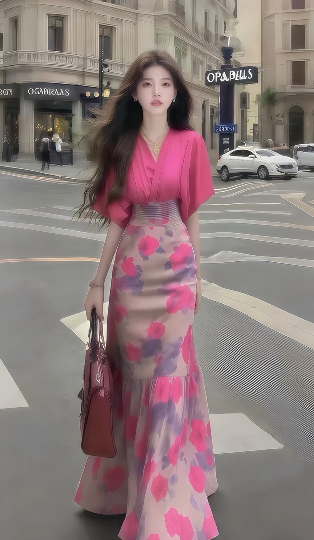 温柔纯欲千金风松弛感V领短袖收腰显瘦两件套时尚玫红色长裙套装