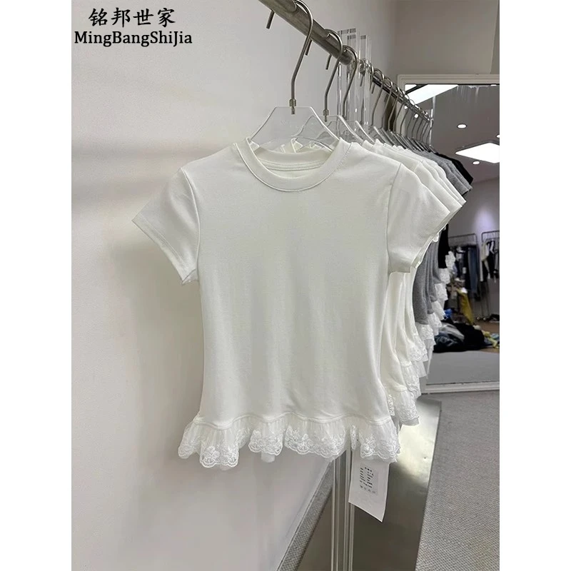【铭邦世家】法式蕾丝边纯欲圆领短袖T恤2025韩版内搭叠穿打底上衣