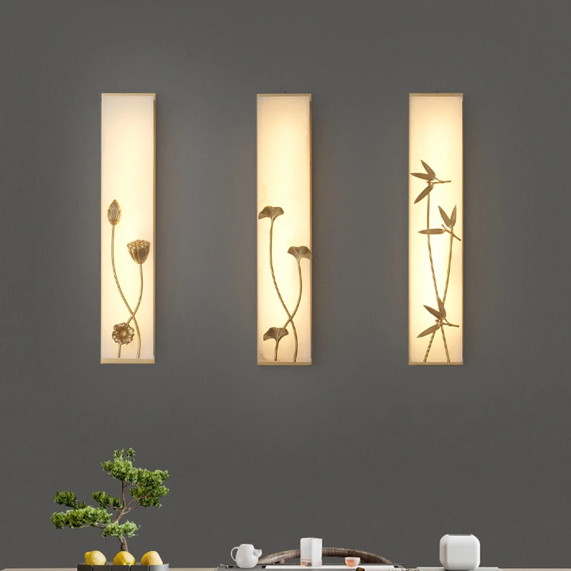 灯佑新中式全铜云石壁灯客厅电视背景墙灯中国风禅意卧室床头壁灯