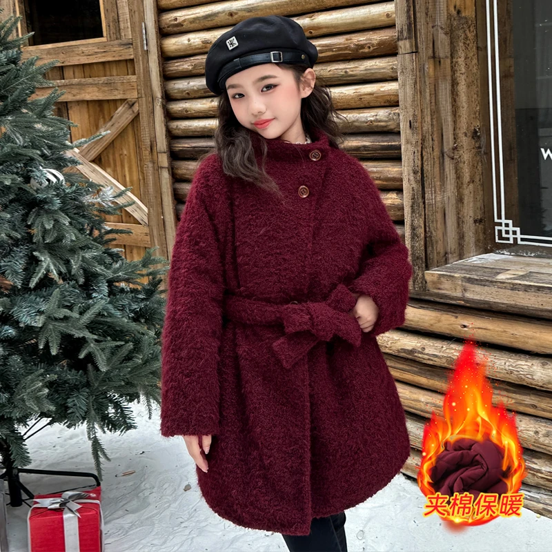 女大童毛呢外套秋冬装2024新款洋气加厚新年服女孩中长款呢子大衣
