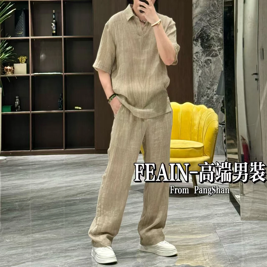 【进口苎麻】剪刀领海鸥领设计手抓大理石纹理套装2728