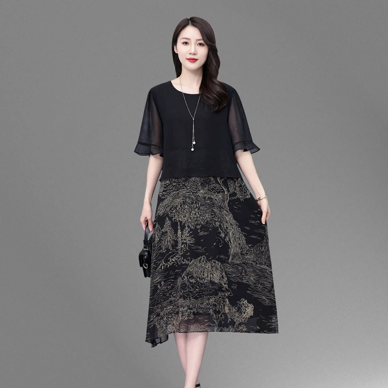 雪纺假两件连衣裙大码女装夏季胖mm加肥加大中年妈妈宽松显瘦裙子