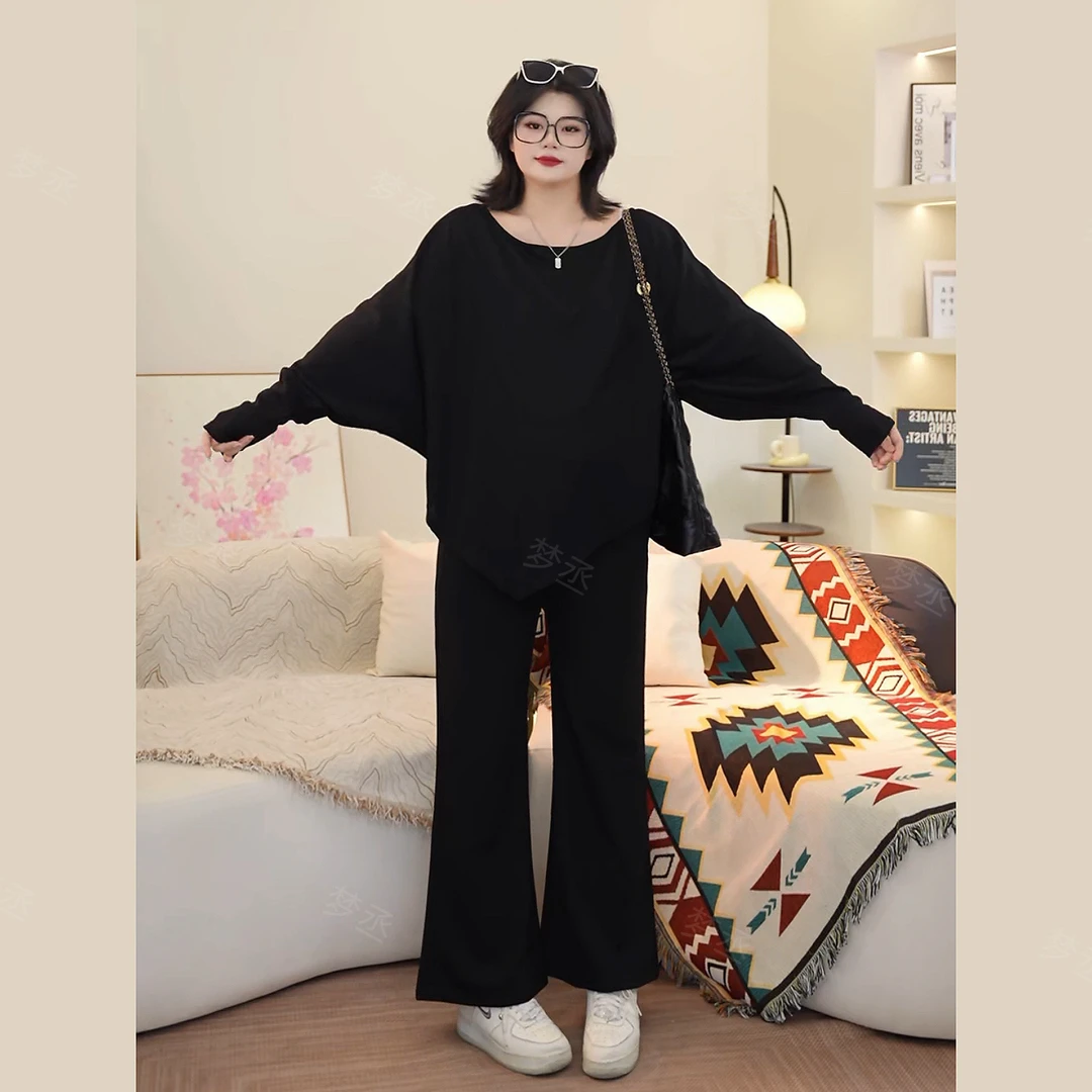 梦丞-慵懒风斜肩大码女装蝙蝠袖宽松秋冬百搭显瘦长袖针织衫上衣