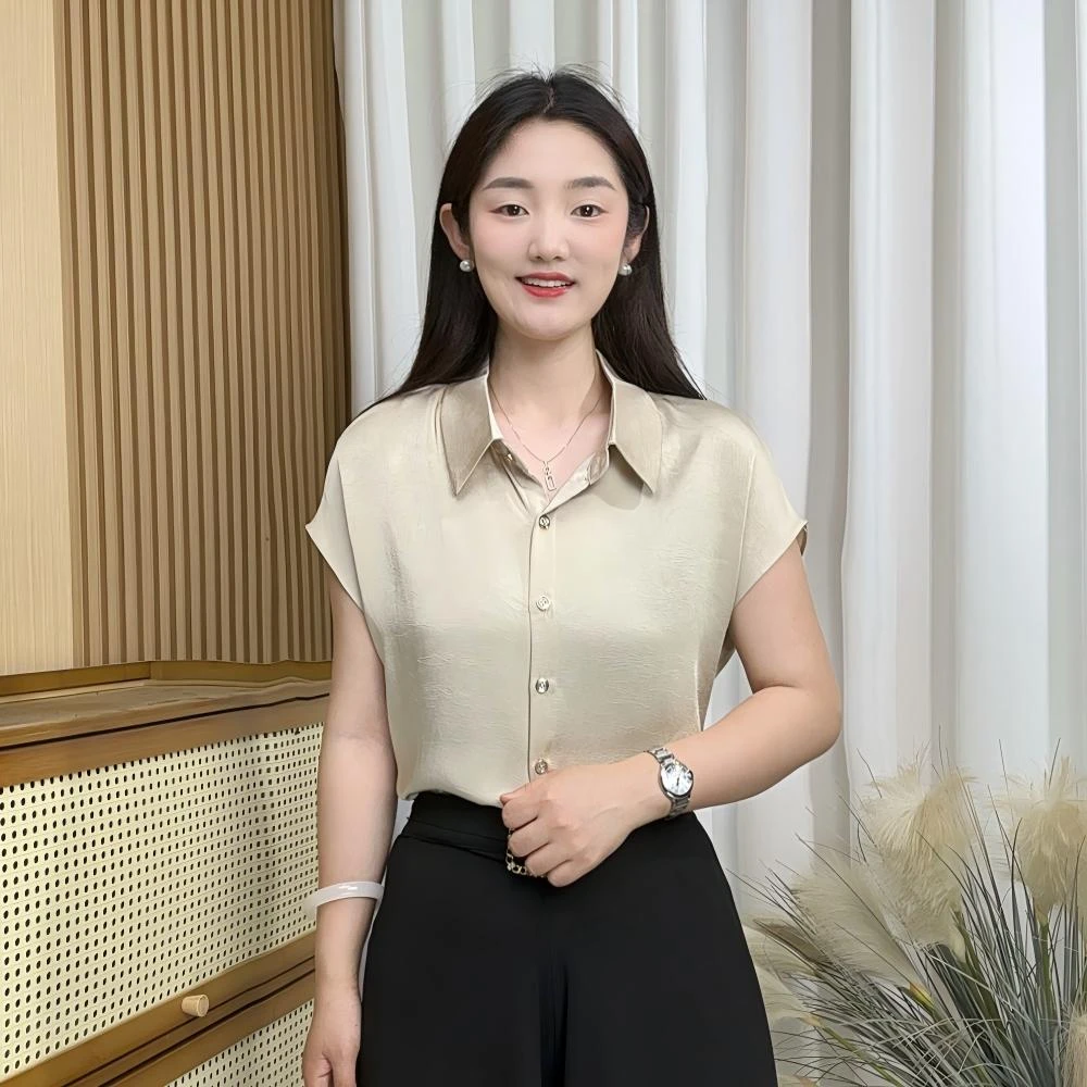 气质宽松翻领女士纯色衬衣女士夏季宽松缎面衬衫女装