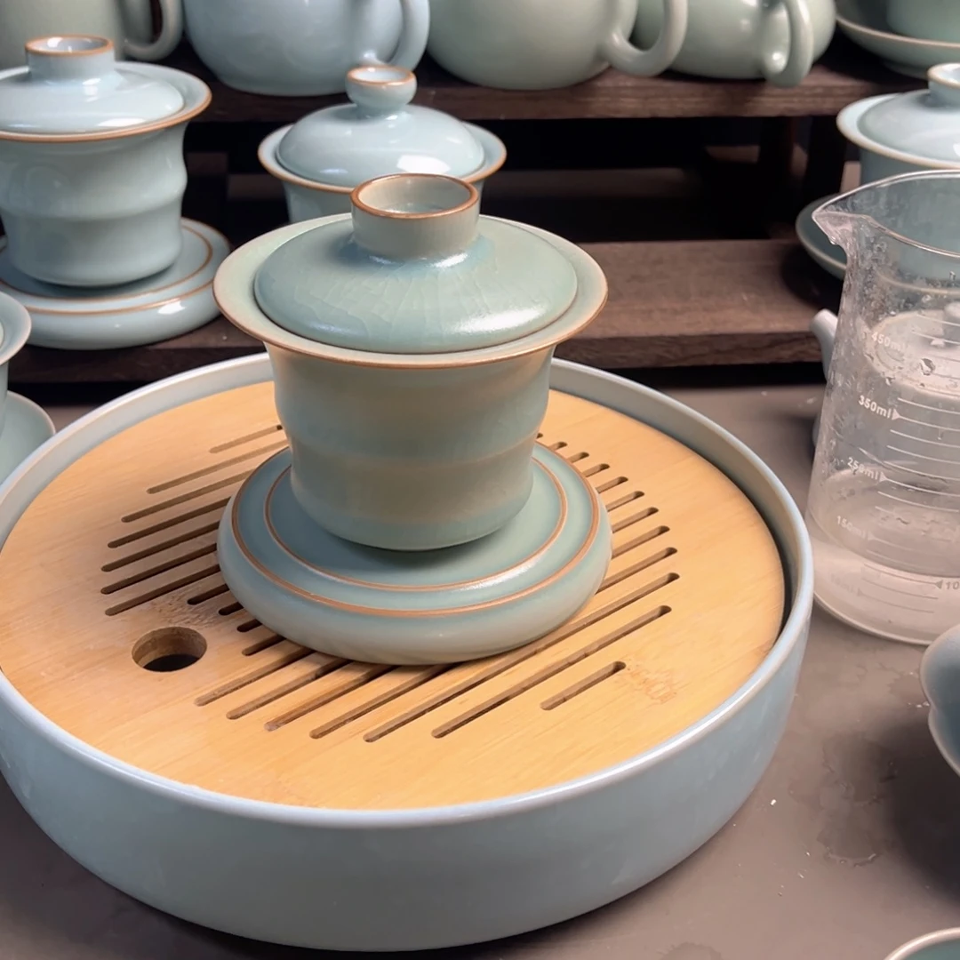 陶摆件瓷仿古釉竹节盖碗