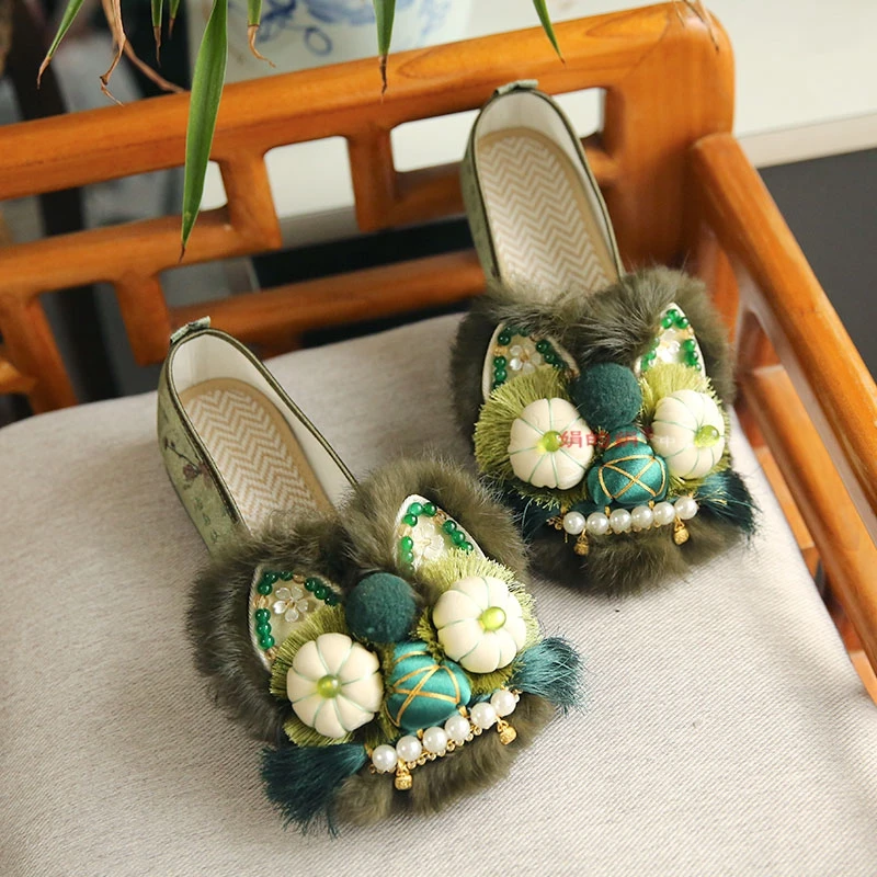 虎头鞋成人女春秋软底绿色国风真毛民族风绣花鞋非遗手工汉服鞋女