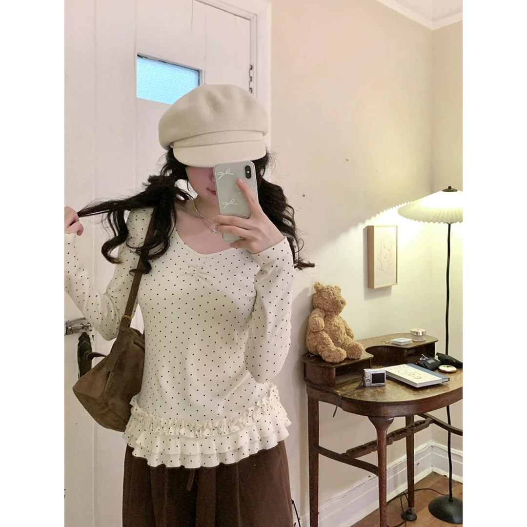 布丁啵啵 波点蝴蝶结花边针织衫女秋V领内搭显瘦T恤长袖上衣1938#