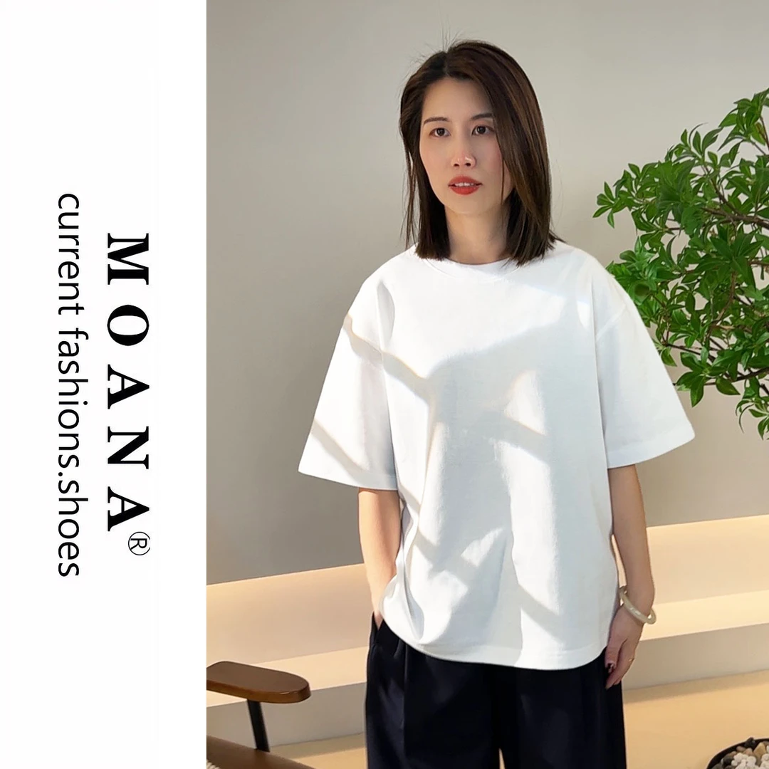 MOANA夏季短袖休闲风园领百搭纯色透气自T恤春夏白色运动上衣1117