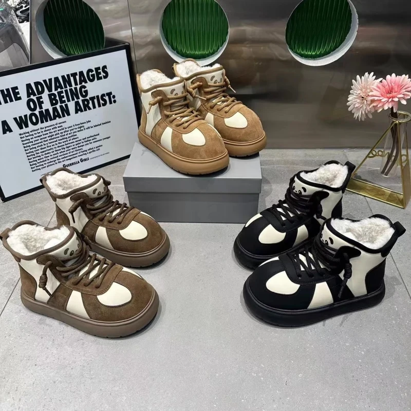 卡皮巴拉熊猫色大头厚底棉鞋拼色短靴冬季新款加绒保暖雪地靴