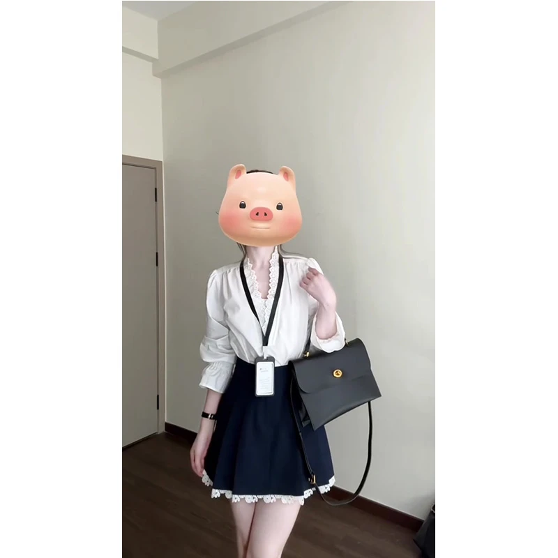 春季穿搭一整套学院风甜美白色V领蕾丝衬衫女花边半身裙两件套装
