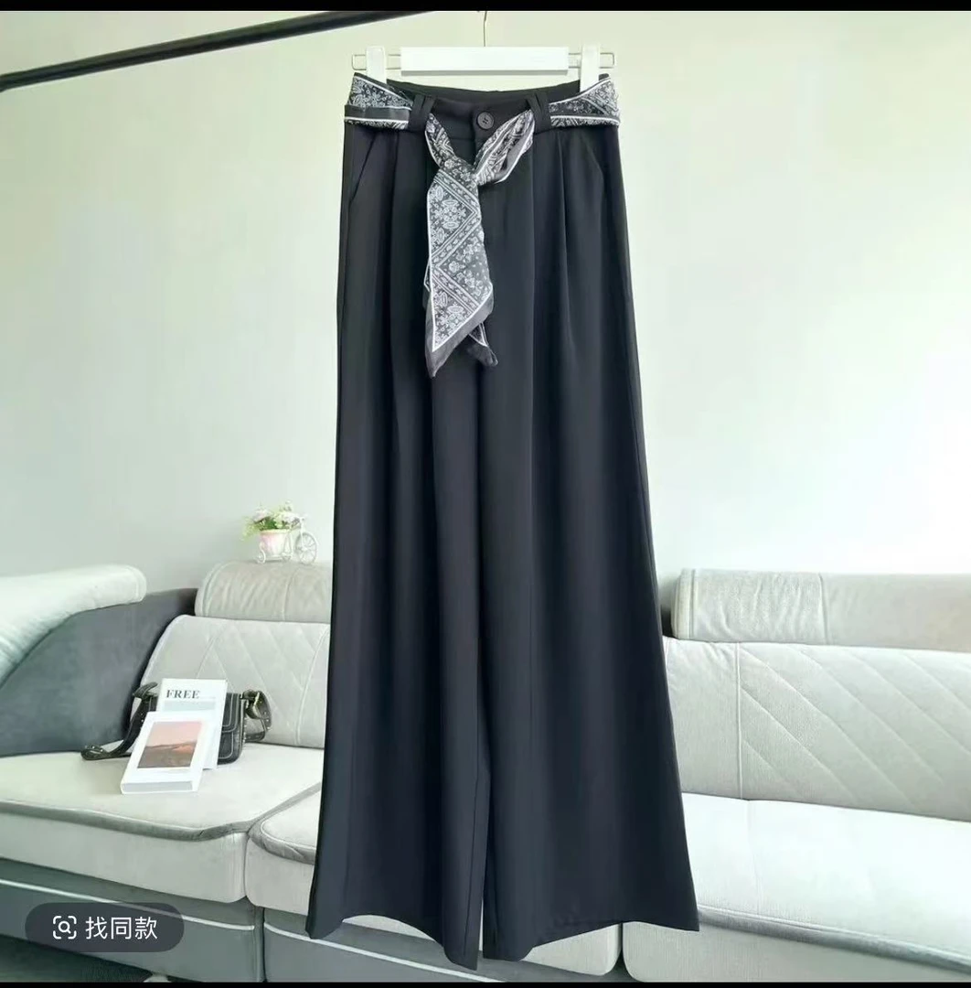 【送丝巾】2025夏冰丝西装阔腿裤女夏季轻奢垂感休闲直筒裤气质超垂