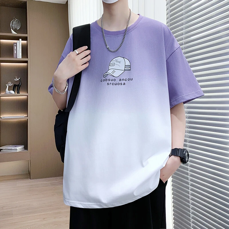 短袖t恤男青少年夏季渐变港风透气体恤男生阔版落肩袖亲肤上衣潮