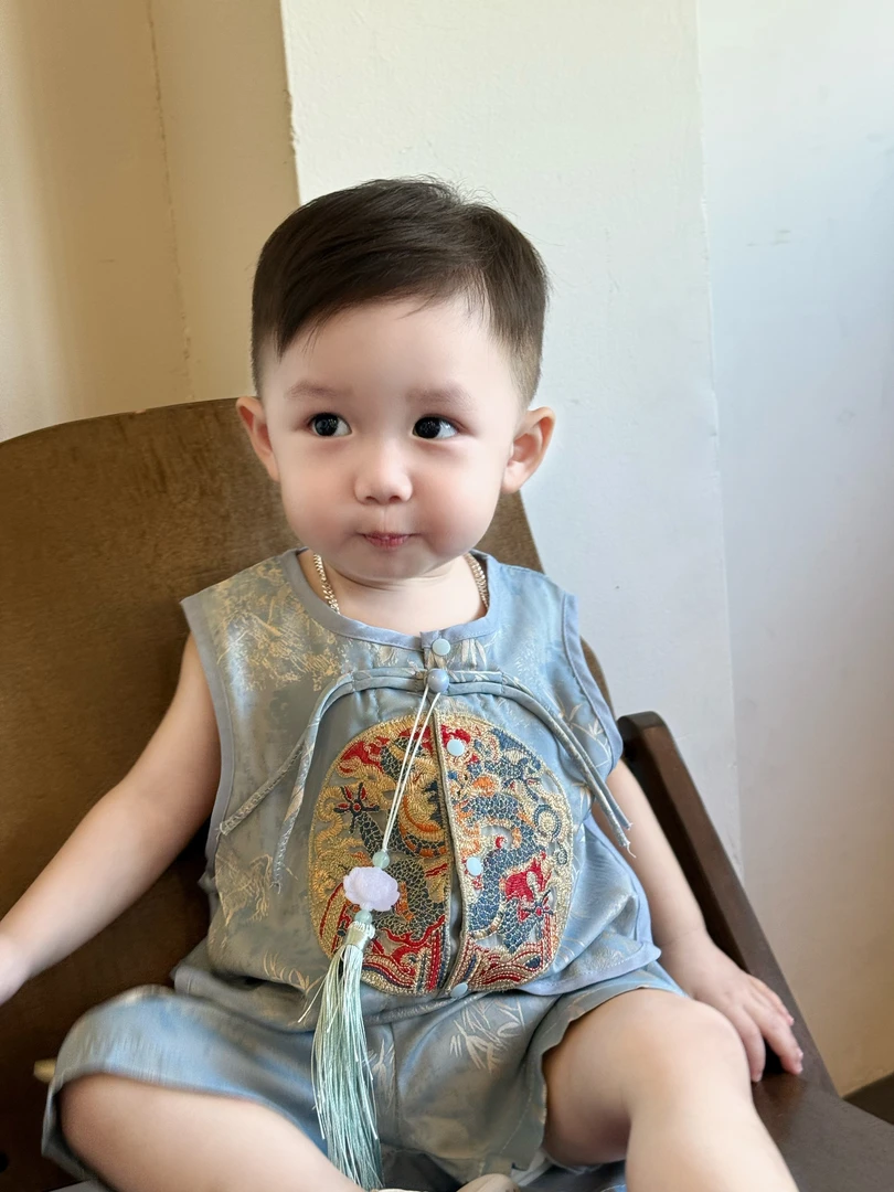 婴儿唐装夏装分体套装中国风抓周少爷服百天周岁礼服男宝宝喜庆服
