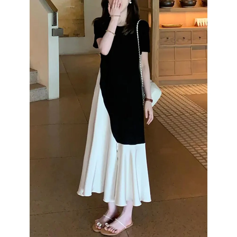 不规则拼接短袖连衣裙女夏季新款韩版小个子设计感撞色圆领中长裙