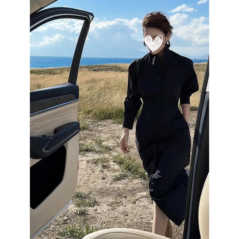 设计感洋气高领收腰单排中长款裙子25年新款韩系气质连衣裙送腰带