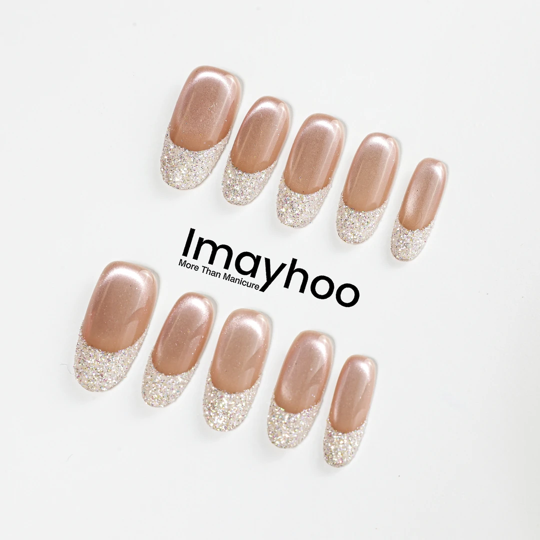 Imayhoo纯手工高定穿戴甲【海盐玫瑰】裸粉碎钻法式温柔闪耀DF06009