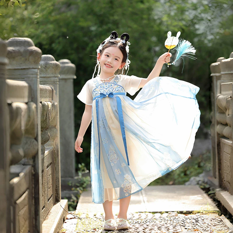 萌乎【春江夜】女童连衣裙夏季短袖汉服超仙刺绣女宝宝襦裙-242668