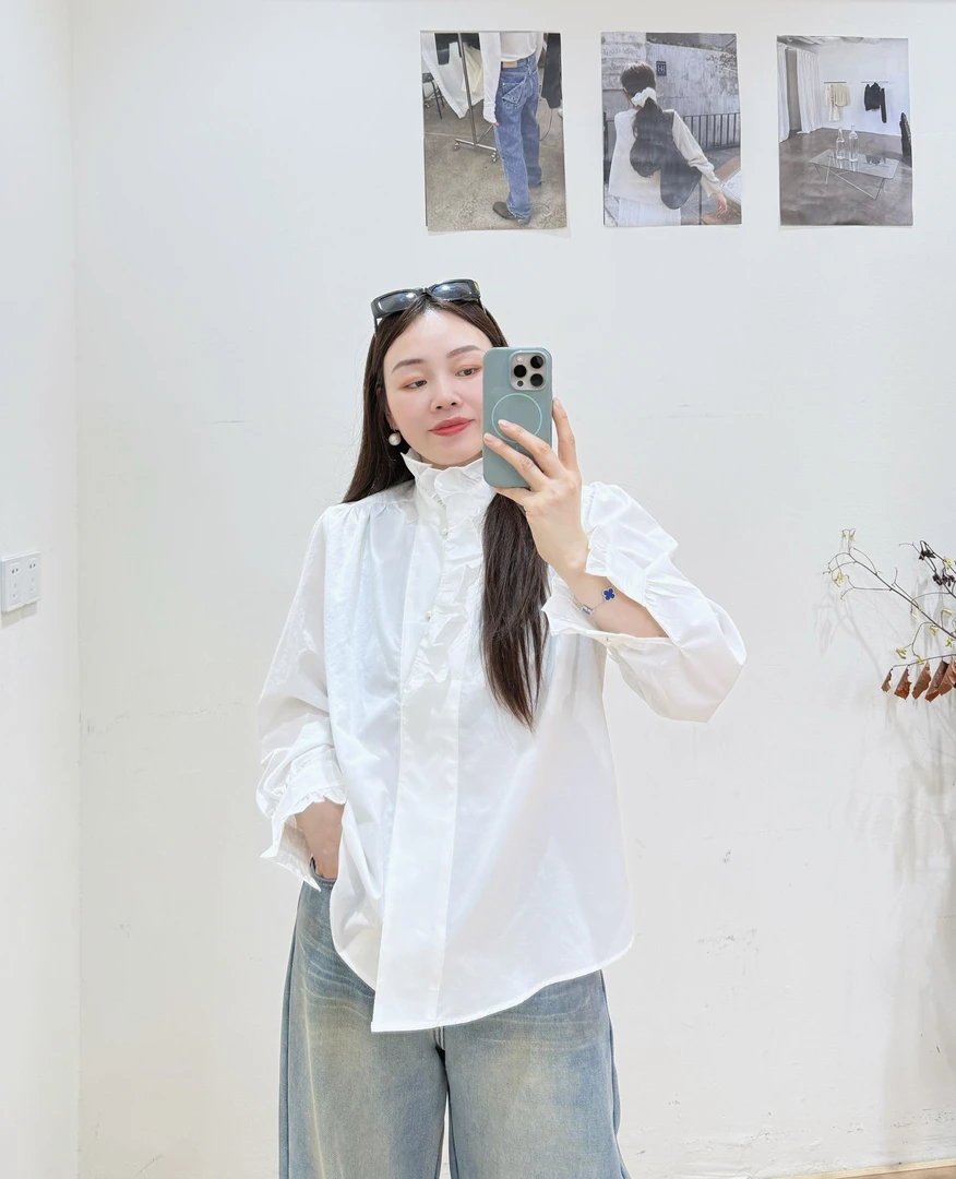 仙气荷叶边清新白色薄款衬衫