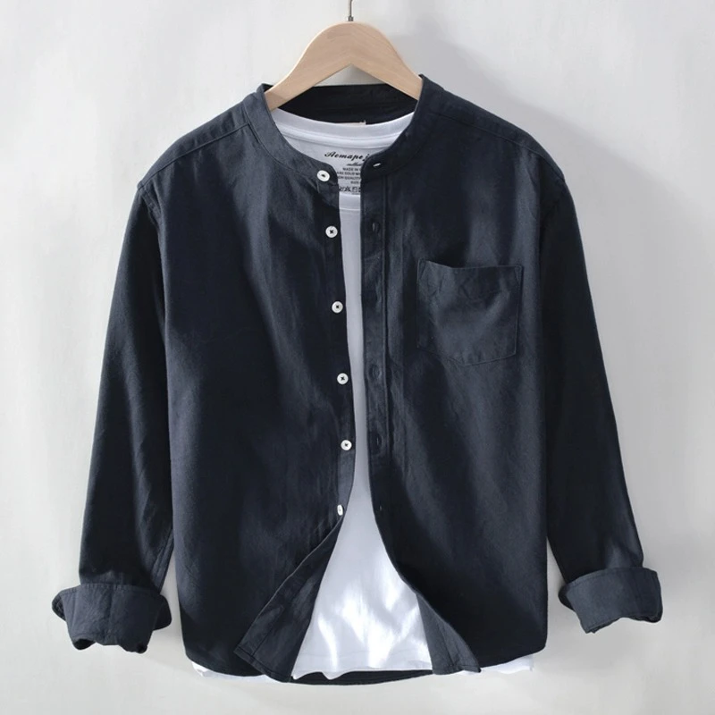 JJ春秋装日系立领长袖衬衫男士圆领宽松休闲纯棉衬衣外套免烫上衣