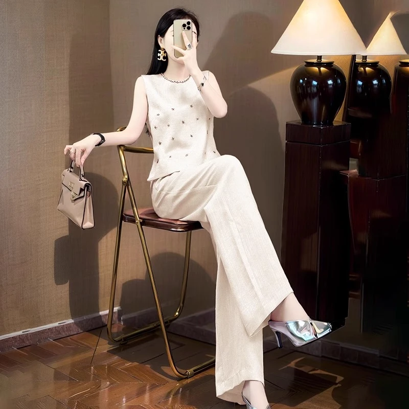 2025年夏季垂感高级感简单大方纯色钉珠亚麻马夹直筒裤两件套装女