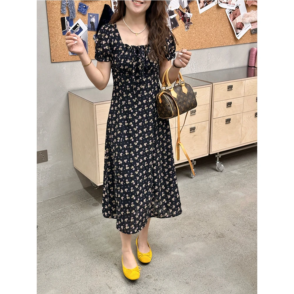 WenWen小个子韩系碎花时尚显瘦短袖方领连衣裙打揽设计裙子4020