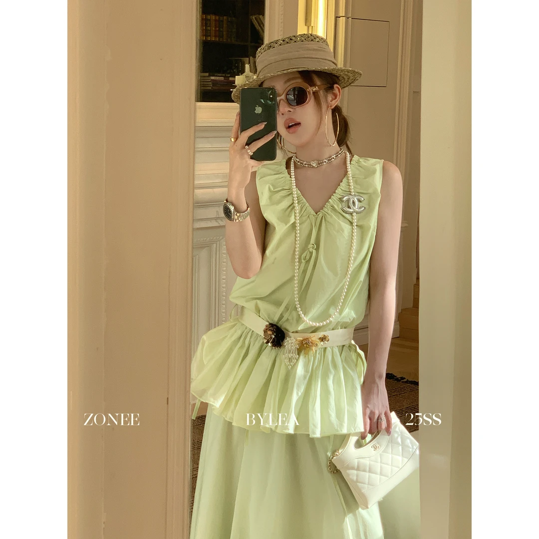 ZONEE 植物爱好者 气质时髦v领绿色背心上衣