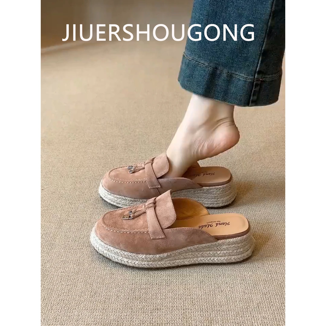 草编坡跟鞋复古圆头流苏锁扣深口厚底包头拖鞋子女款爆款2025新款