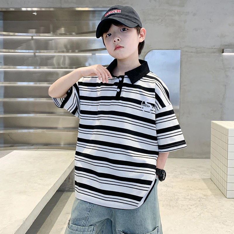 男童条纹短袖夏季薄款polo衫2025中大童休闲韩版半袖儿童上衣夏款