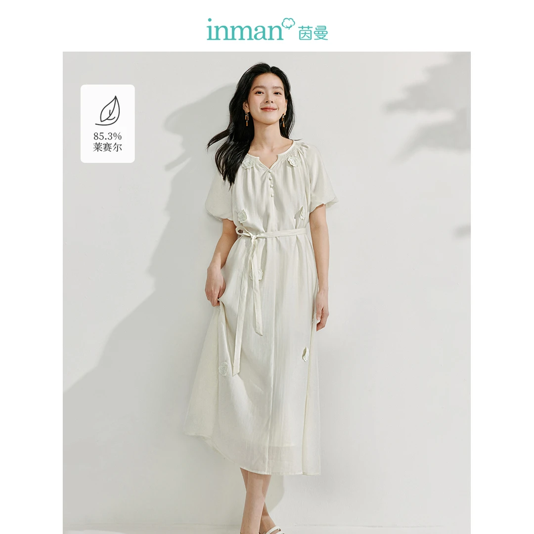 【流光风穿搭】茵曼法式莱赛尔白色连衣裙新款系带收腰泡泡袖裙子
