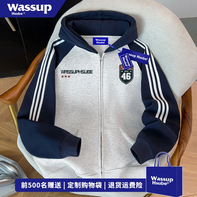 WASSUP HSUBE 秋冬休闲百搭三条杠开衫卫衣美式字母印花撞色外套