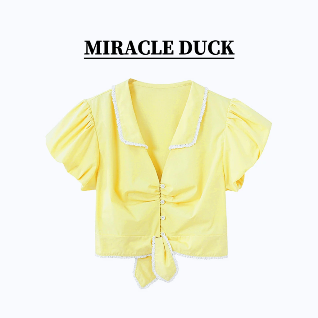 【梦幻巴黎】夏季百搭洋气翻领短袖公主袖短款纯色衬衫C1656