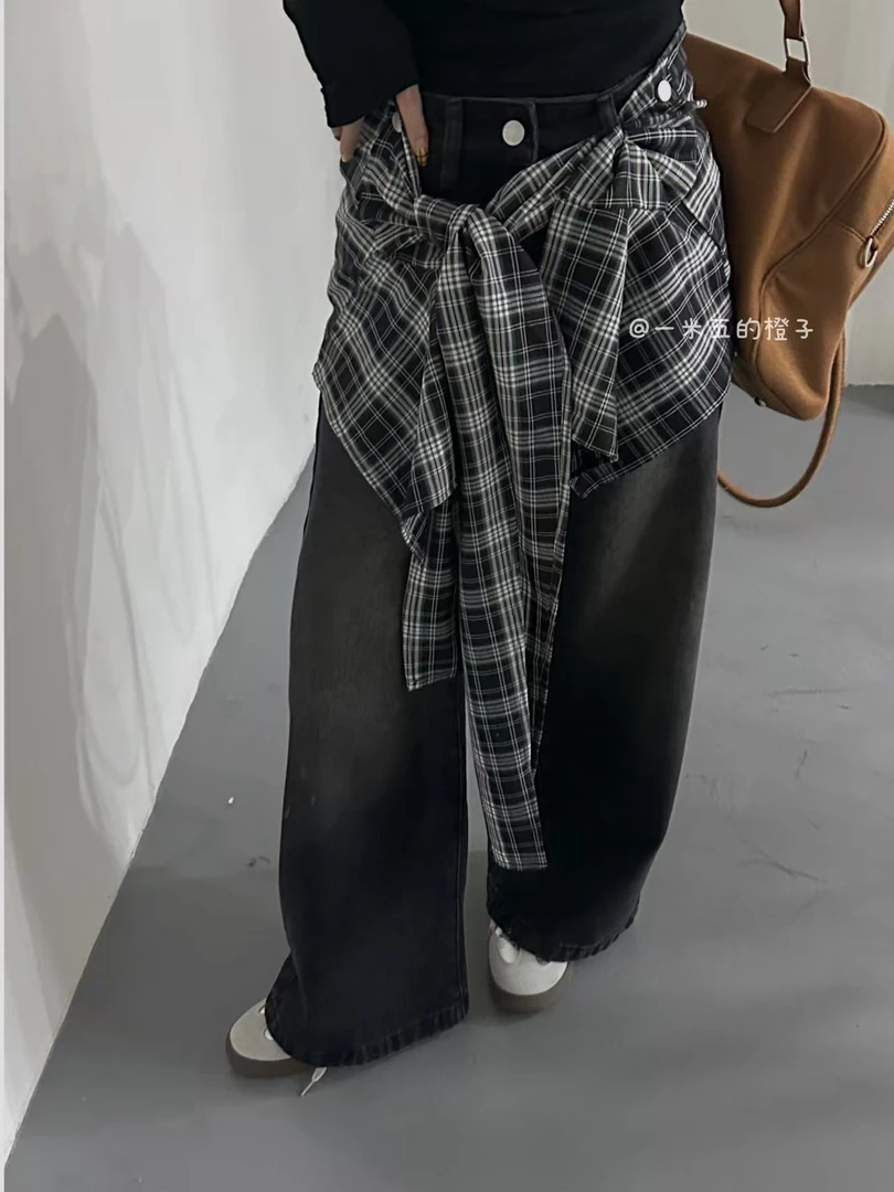 长裤秋季INS风微弹阔腿裤牛仔裤拼接黑色格子小个子