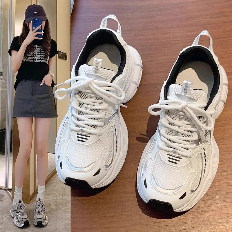 老爹鞋女款2025新款春夏季增高百搭网面透气小白鞋厚底休闲运动鞋