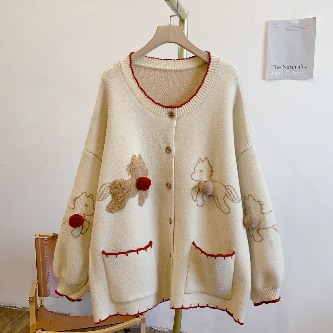 绒球小马C5519植绒提花小马毛球圆领针织开衫毛衣